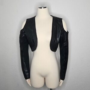 American Top Womens Black Genuine Leather Studded Cold Shoulder Bolero Shrug L